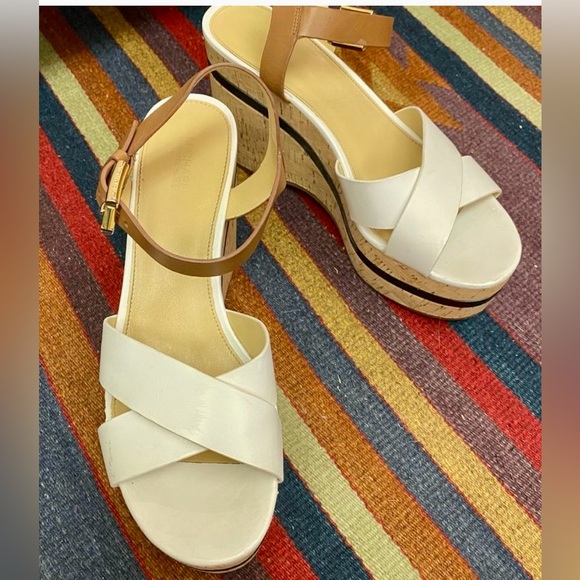 MK white platform sandals w/ black trim & cork sole - Picture 2 of 5